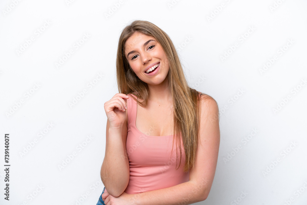 Obraz premium Young caucasian woman isolated on white bakcground laughing