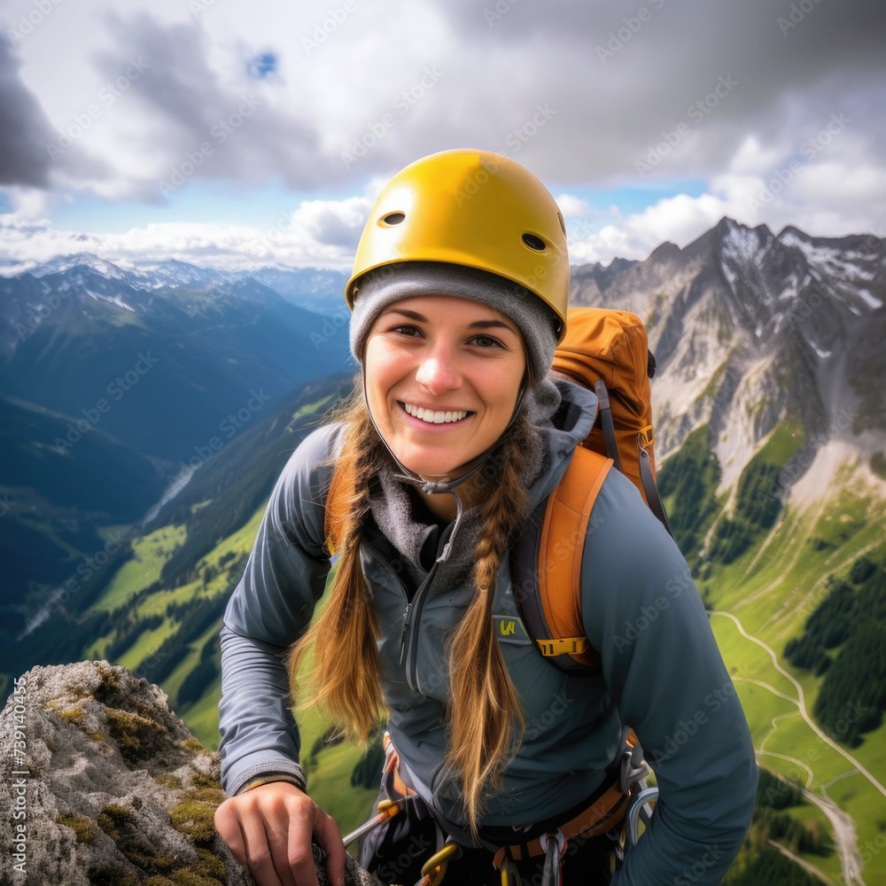 Portrait of a  mountaineer girl with mountains background. Trekking. Close-up. Outdoor activities. 