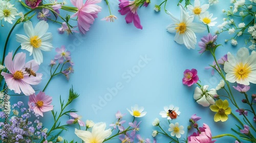 Spring flowers frame with bee and ladybug. Seamless looping time-lapse video animation background photo