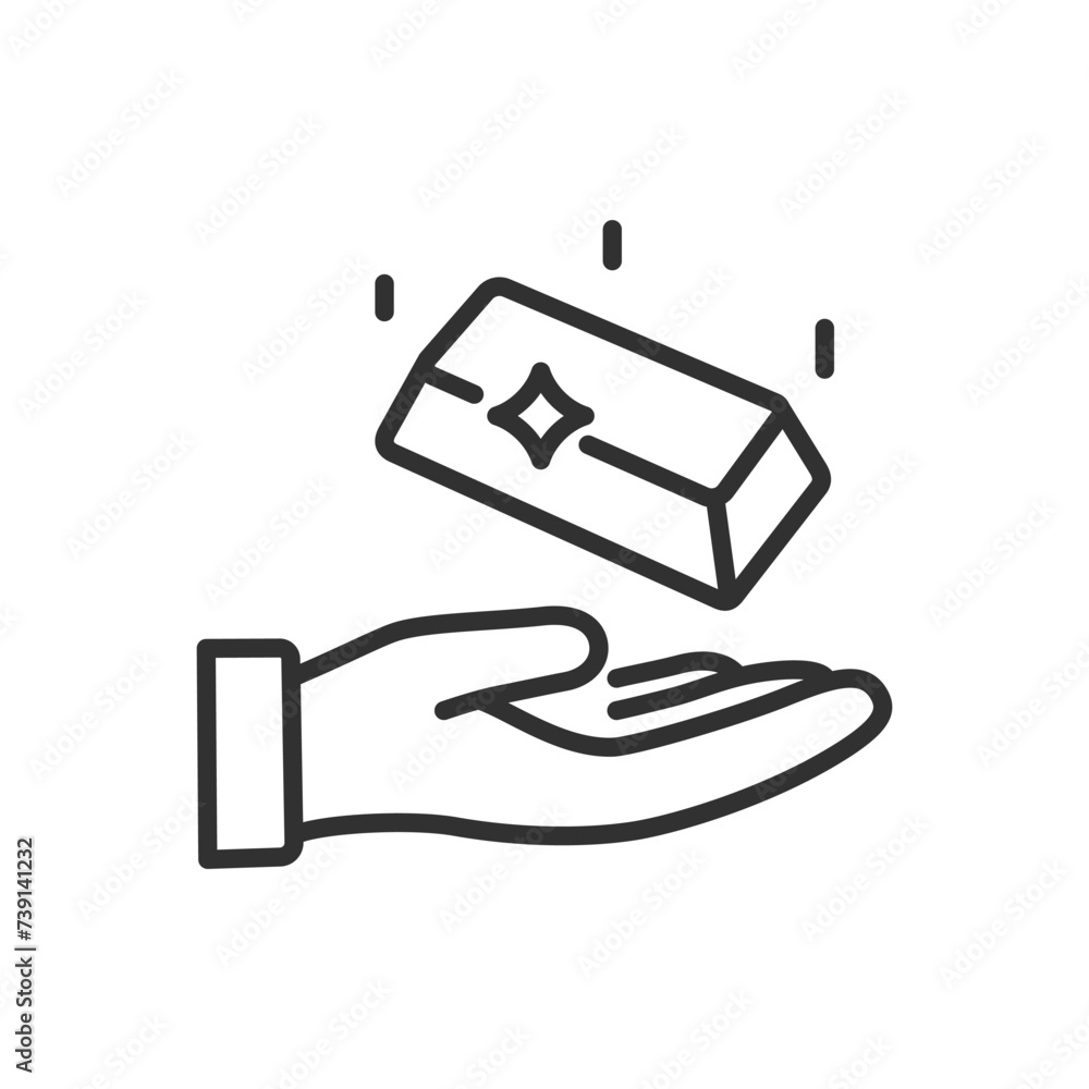 Gold bar in hand, linear icon. Line with editable stroke Gold bar in hand, linear icon. Line with editable stroke