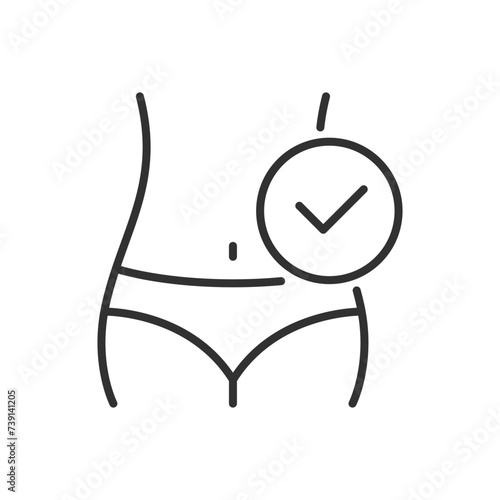 Weight loss, dieting, linear icon. Good digestion. Waistline and tick. Line with editable stroke