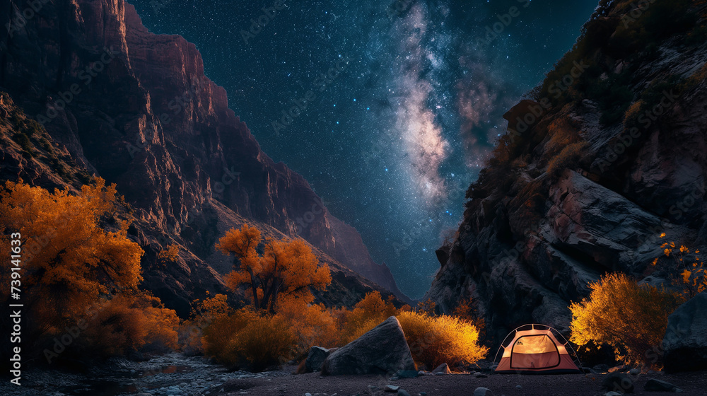 Tents camping in the dark night with dramatic milky way on above, in autumn season, alone life and journey tourist, - obrazy, fototapety, plakaty 