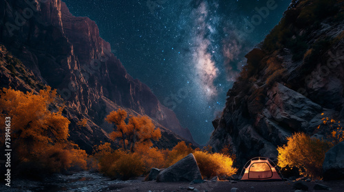 Tents camping in the dark night with dramatic milky way on above, in autumn season, alone life and journey tourist, photo
