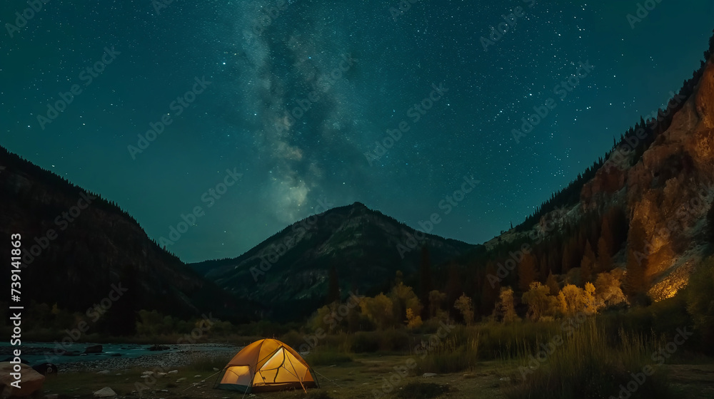 Tents camping in the dark night with dramatic milky way on above, in autumn season, alone life and journey tourist,