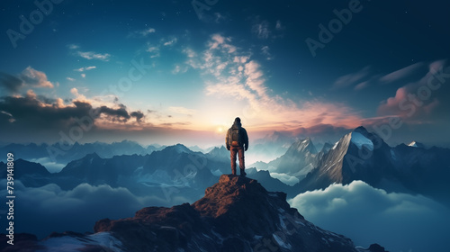 Victory moment a man standing on the top mountain and looking forward to far away photo