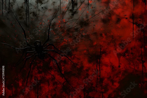 Spooky Grunge Background with Haunted and Spider-infested Design in Black and Red Tones. Concept Dark Aesthetic, Halloween Decor, Mysterious Atmosphere, Gothic Elements, Eerie Setting