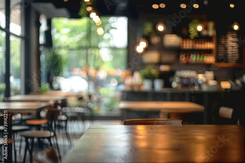 Blurred cafe scene perfect for background ambiance capturing essence of bustling coffee shop or restaurant with bokeh effect showcasing abstract interior atmosphere suitable for business dining © Bussakon