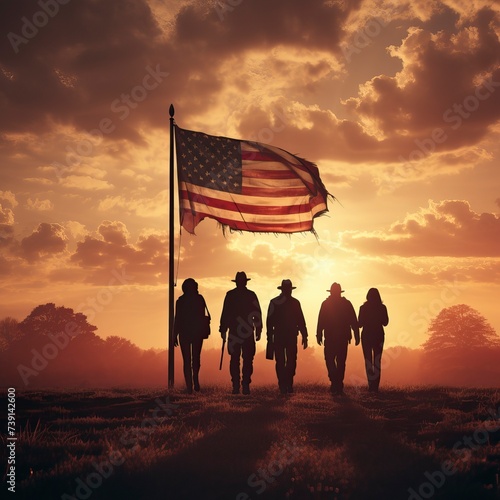Silhouettes of soldiers saluting on background of sunset