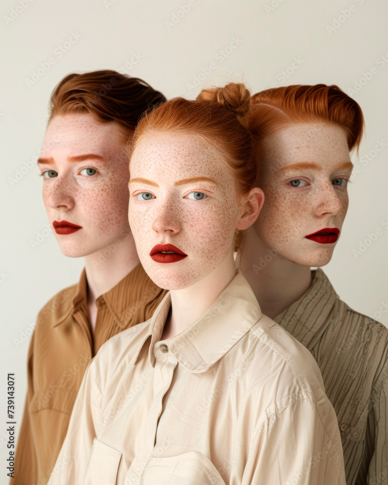 Studio portrait of androgyne friends group with readhead, freckles and red lips, androgyny Studio portrait of androgyne friends group with readhead, freckles and red lips, androgyny