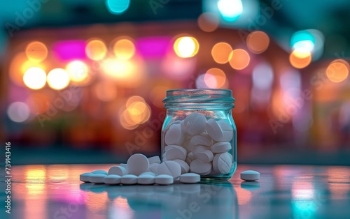 The image shows a clear glass jar filled with white pills placed on top of a wooden table. The pills are neatly arranged inside the jar, creating a uniform pattern. The table appears to be made of dar