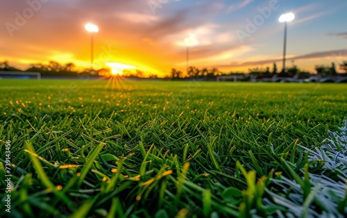 A soccer field under the setting sun, with long shadows cast across the green grass as players engage in a friendly match © Raul