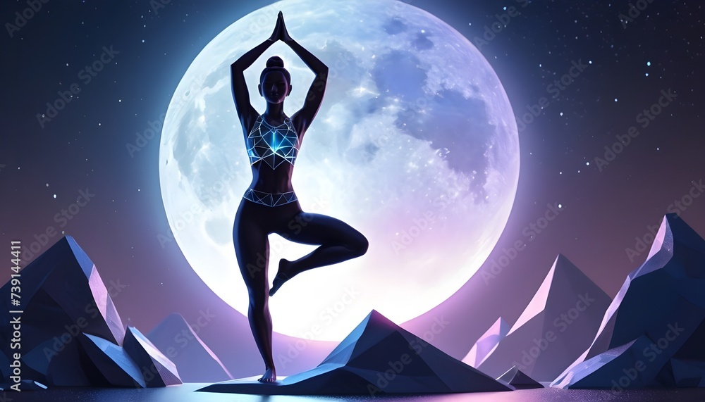 Holographic woman model figure doing yoga outdoor by night, large moon behind her