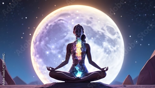 Holographic woman model figure doing yoga outdoor by night, large moon behind her