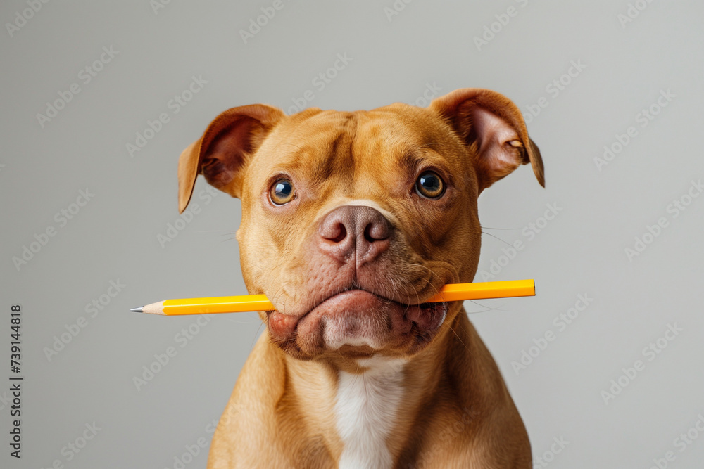 Americanbully minisize Dog with a pencil in a mouth at the office, in grey empty background. Generative Ai Illustration. - obrazy, fototapety, plakaty 