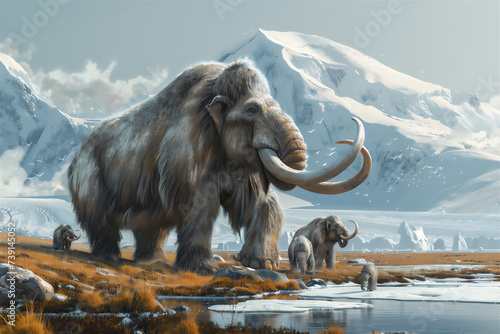 a mammoth and his calf are drinking in a river in the savanna