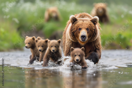 A sun bear is playing in the river with its cubs photo