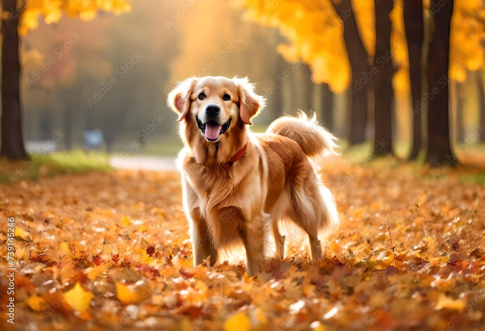 Happy golden retriever dog on Autumn nature background, wide web banner. Autumn activities for dogs. Fall Care Advice For Dogs. Preparing dog for walks in autumn and fireworks. AI generated