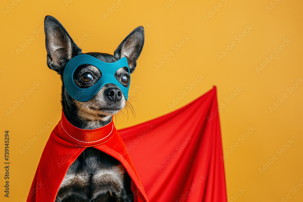 Adorable dog in red superhero cape and mask  on yellow background. super Dog concept. Generative Ai Illustration.