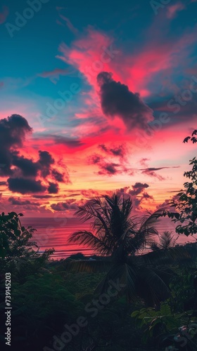 A beautiful portrait of a beach with silhouetted plants and coconut trees. A purple, blue, and pink sky. Wallpaper aesthetic mobile phone, Wallpaper beautiful beach. Created with Generative AI. © an