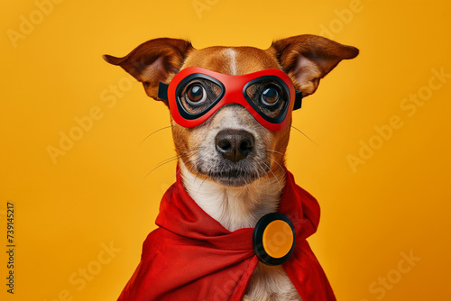 Adorable dog in red superhero cape and mask  on yellow background. super Dog concept. Generative Ai Illustration. © AimasterPhoto