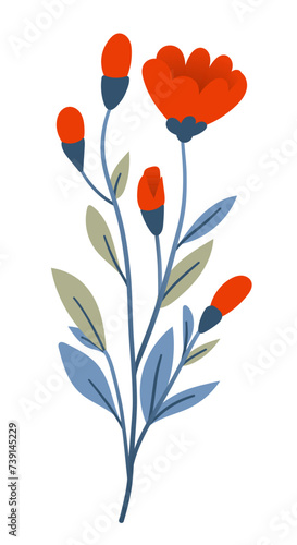 Bouquet of plants and red flowers in flat style on white background. Meadow flowers and grasses, leaves and poppies. Vector illustration