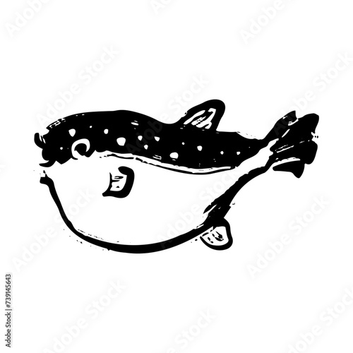 クサフグ（草河豚）の和風ベクターイラスト（白黒）。