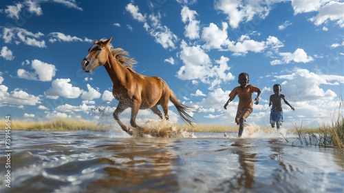 a horse runs in the river with two boys