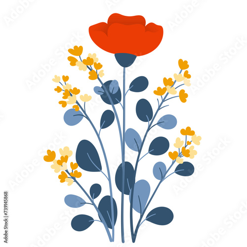 Bouquet of plants and red flowers in flat style on white background. Meadow flowers and grasses, leaves and poppies. Vector illustration