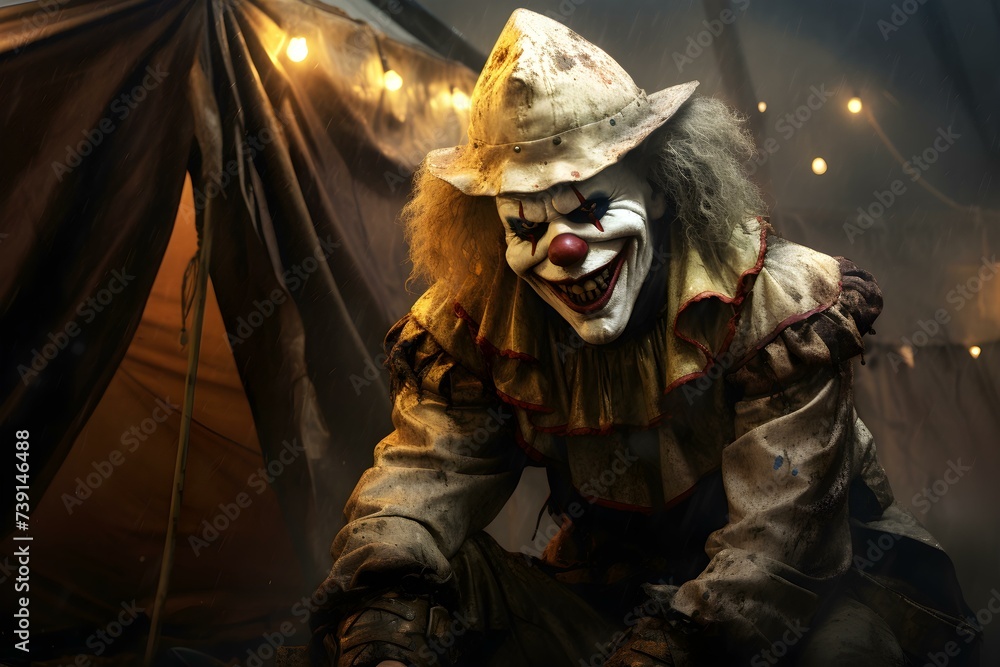 Sinister clown and eerie carnival an embodiment of terror and dread. Concept Creepy Clown, Eerie Carnival, Terrifying Atmosphere, Nightmarish Vibe, Sinister Characters