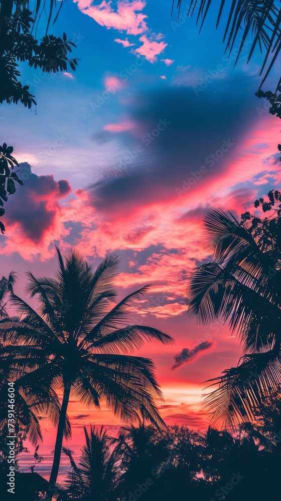 A beautiful portrait of a beach with silhouetted plants and coconut trees. A purple, blue, and pink sky. Wallpaper aesthetic mobile phone, Wallpaper beautiful beach. Created with Generative AI.