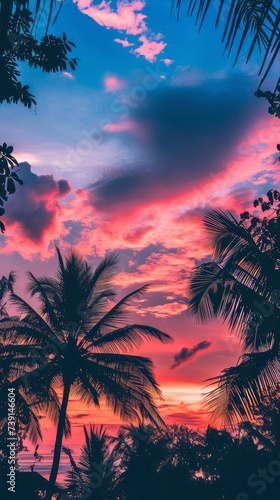 A beautiful portrait of a beach with silhouetted plants and coconut trees. A purple  blue  and pink sky. Wallpaper aesthetic mobile phone  Wallpaper beautiful beach. Created with Generative AI.