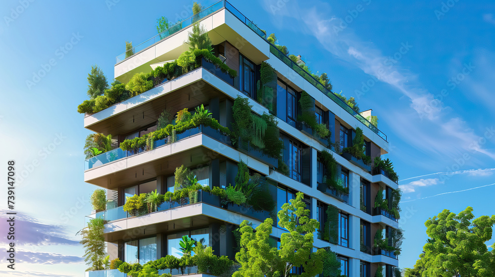 modern eco-friendly multi-storey building with green plants on the roof and balconies, vertical gardening