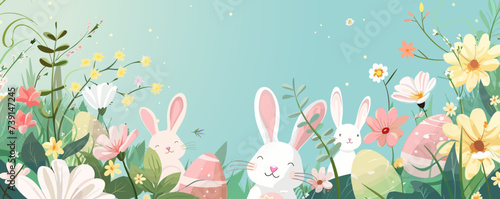 Easter background with bunnies, flowers and eggs. Vector illustration.