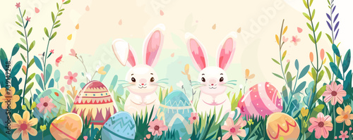 Easter background with cute rabbits, eggs and flowers. Vector illustration.