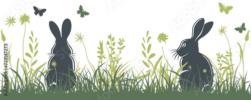 Easter background with silhouettes of rabbits, grass and butterflies.