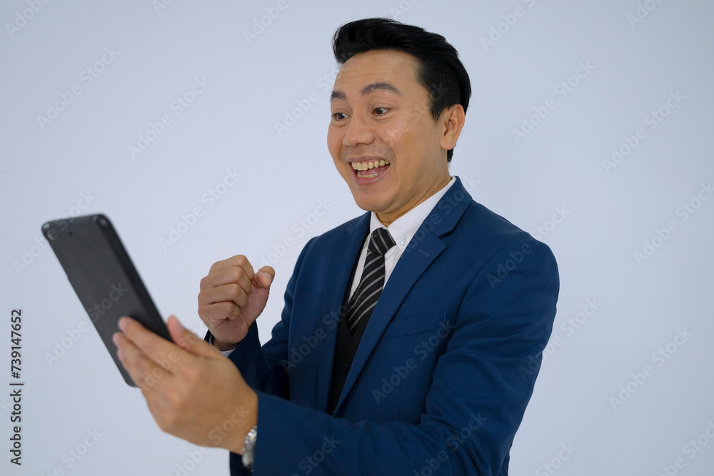 White collar worker show positive emotion on white background. White collar worker show positive emotion on white background.
