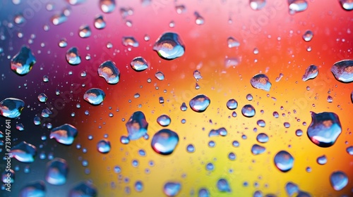 Close-up of raindrops on transparent glass.Blurred background of the silhouette landscape  rainbow gradient. The texture of wet glass. Abstract background.