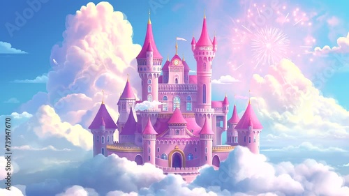 Fairy tale castle with fireworks on the clouds. Seamless looping time-lapse 4k video animation background