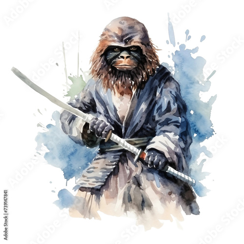 Sasquatch Ninja: With katana and mask, watercolour style on white background