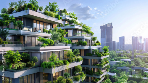 modern eco-friendly buildings with green plants in a big city, vertical gardening