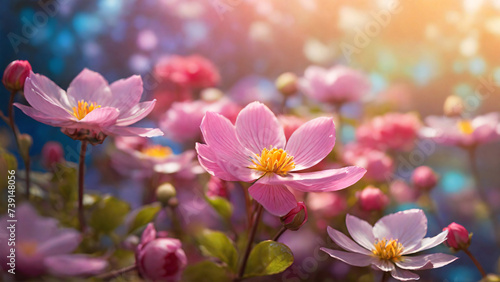 Pink flowers on a background of blue sky with rays of light.