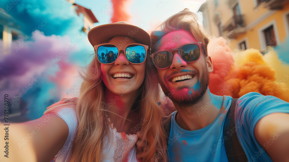 Selfie of White couple Celebrating Hoi in india Selfie of White couple Celebrating Hoi in india