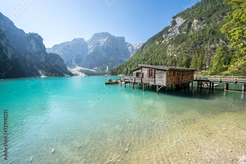 Turquoise lake Braies in the heart of the Dolomites, Italy
