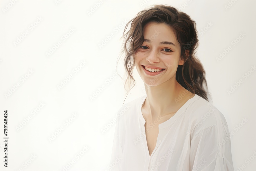 In a customizable setting, a captivating portrait captures the radiant smile of a girl against a pristine white background in the background image. In a customizable setting, a captivating portrait captures the radiant smile of a girl against a pristine white background in the background image.