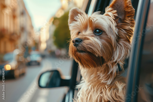 Head of happy lap dog looking out of car window, enjoying road trip