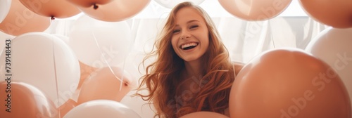 A smiling girl is surrounded by a cluster of colorful balloons, exuding happiness and creating a moment of pure delight in the customizable background image.