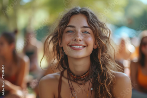 A laughter yoga session in a park, where participants engage in laughter exercises to promote well-being and stress relief. Concept of laughter wellness. Generative Ai.