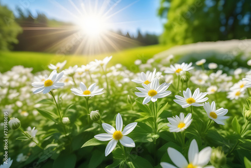 Field of White Daisies With Sun
