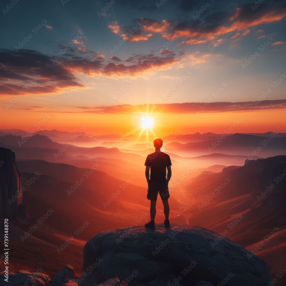 Man stands on mountain path with glorious sunset
