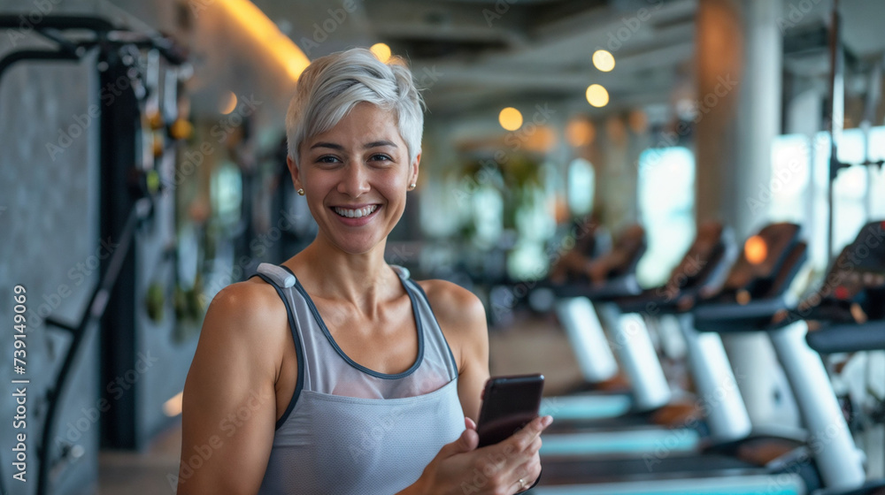 Smiling Woman with Short White Hair in Modern Gym, Holding Smartphone, Cardio Area with Treadmills and Ellipticals, Tank Top Outfit, Clean and Dimly Lit Ambiance - obrazy, fototapety, plakaty 